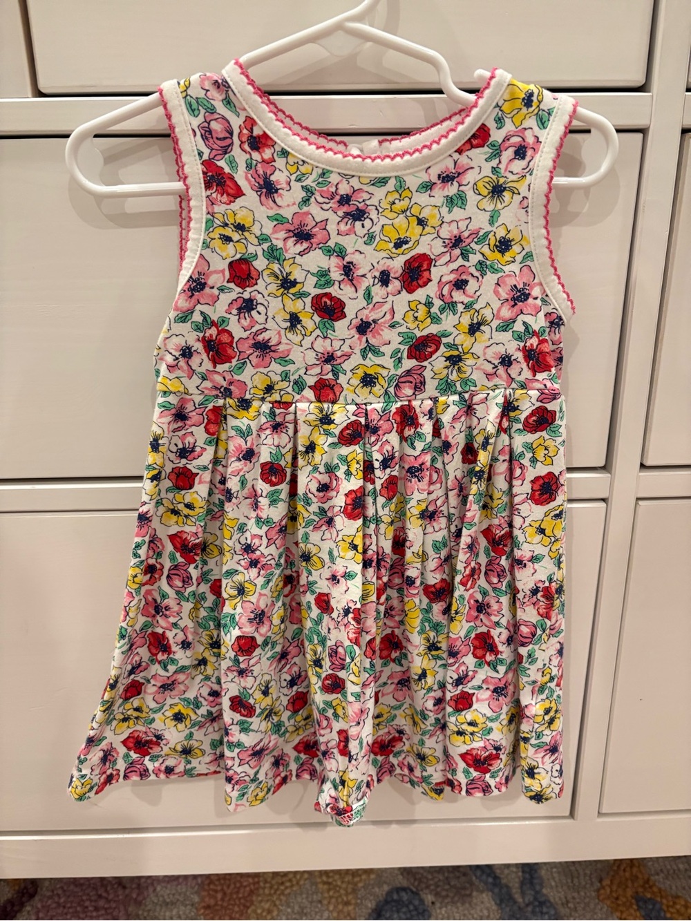 Rachel Riley White Floral Sleeveless Dress with Pink, Red & Yellow Flowers